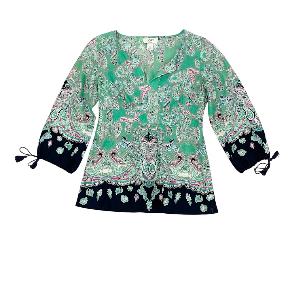 Ann Taylor LOFT Petites Paisley Boho Tunic Top Green Pink Navy XSP Y2K Peasant